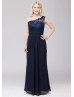 One Shoulder Navy Blue Lace Chiffon Long Bridesmaid Dress